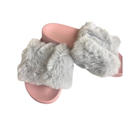 Faux Fur Gray Slide Sandals Women Size 7 By HylianZ Pink Sole Lightweight Indoor - Picture 1 of 5